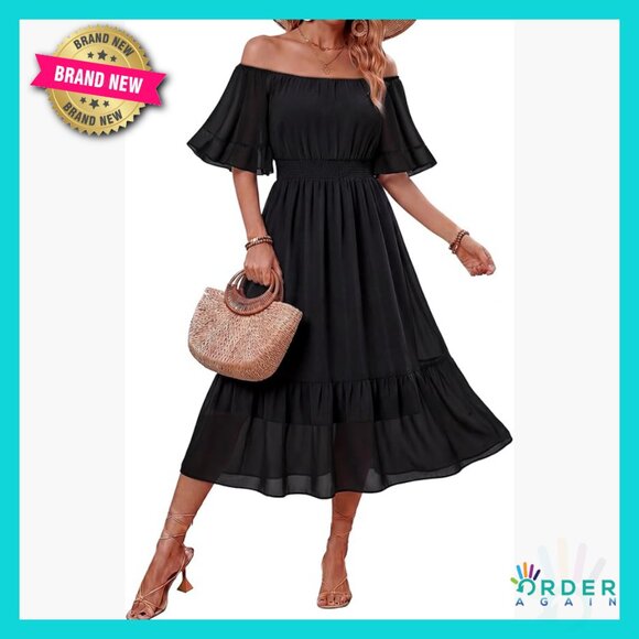 Dresses & Skirts - Boho Off Shoulder Midi Dress Ruffle Sleeve Smocked Elastic Waist Flowy Summer